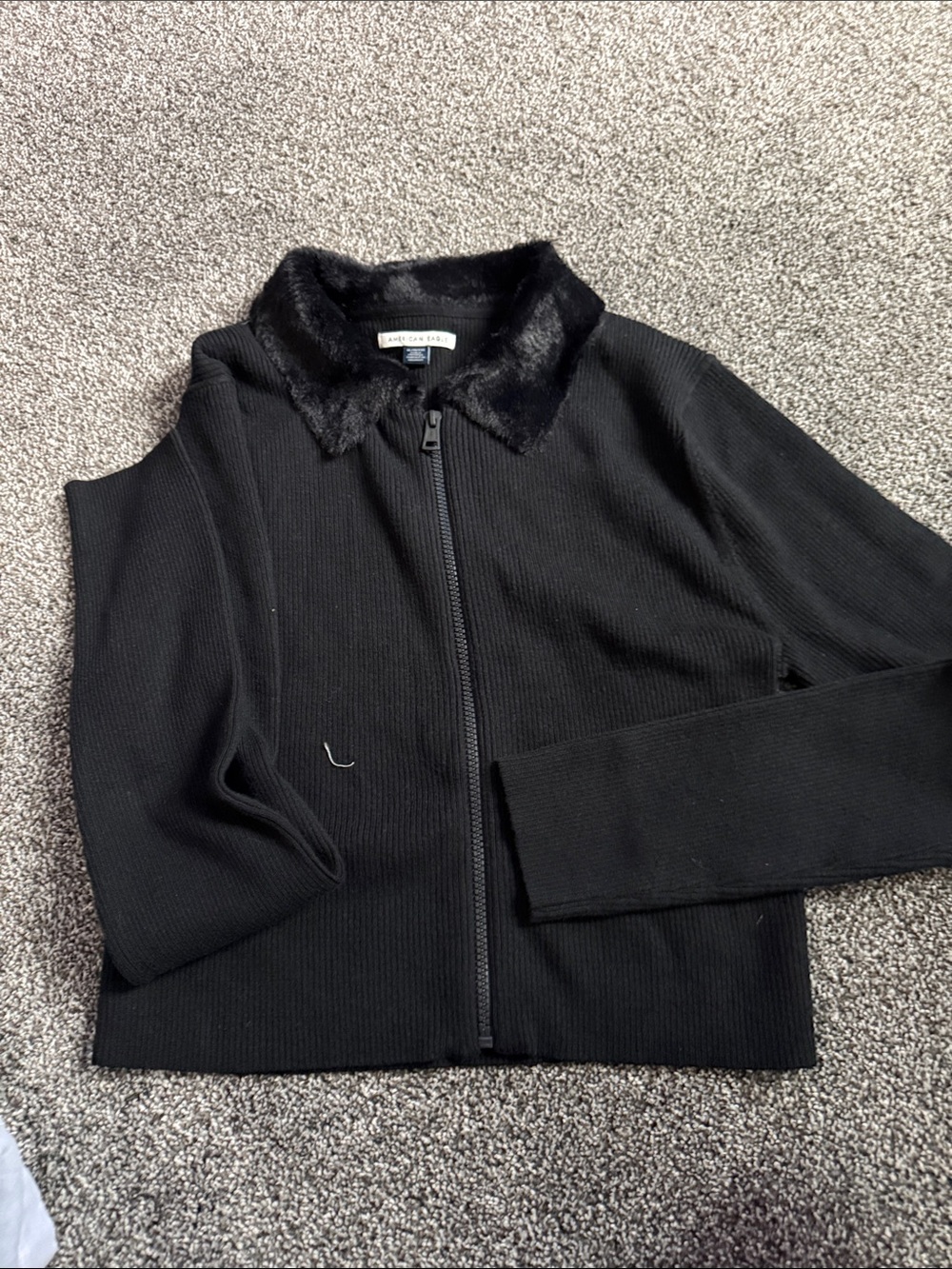 American Eagle Black Zip-Front Knit Jacket with Faux Fur Collar